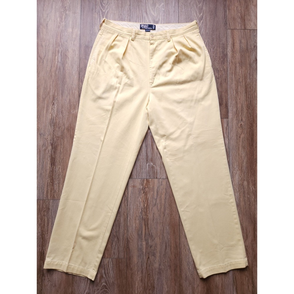 VTG Polo Ralph Lauren Andrew Pant Mens 35x32 Yellow Pleated Chinos Cotton 90s